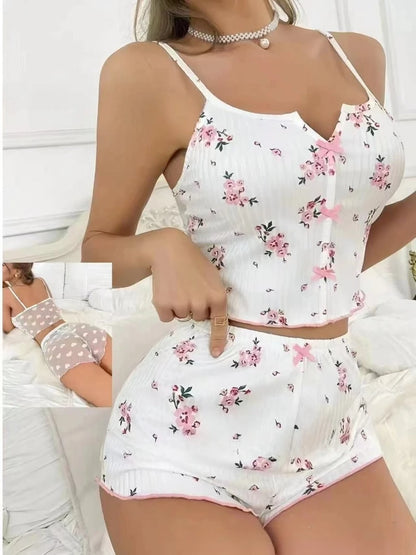 Sexy Pajamas  Lace See-through Set, Long Pants and Women's Halter Shorts 2-piece Set for Home Wear  Pajamas for Women  sexy bras