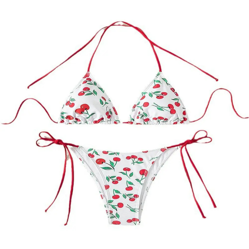 Women's Cherry Print Two Piece Swimsuit Sexy Triangle Bra Mini Bikini Set Suspender Halter Backless Beach Vacation Swimwear 2025