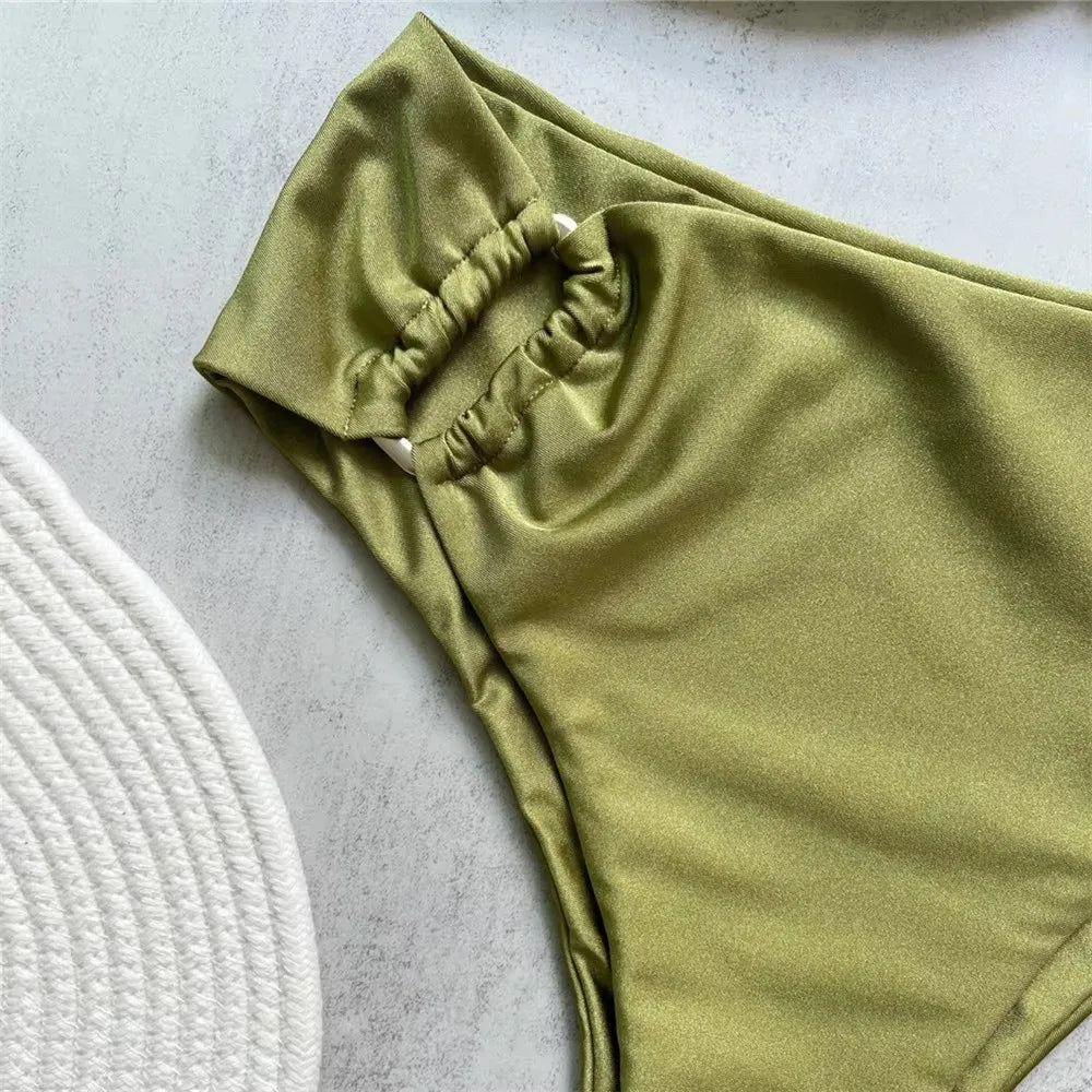 Brown Shiny U Shaped Bikini High Waist Sexy Swimsuit Women 2025 Wrinkled Solid Swimwears Bathing Suit Bandeau Bikinis Sets Mujer