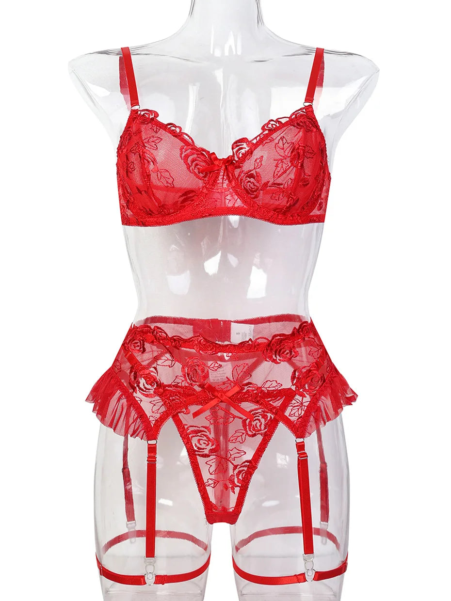 JSY Sexy Lingerie Women Underwear Set Red Embroidery Lace Bra And Pant Garter Set Skirt Babydoll Erotic Brief Set Porno Costume