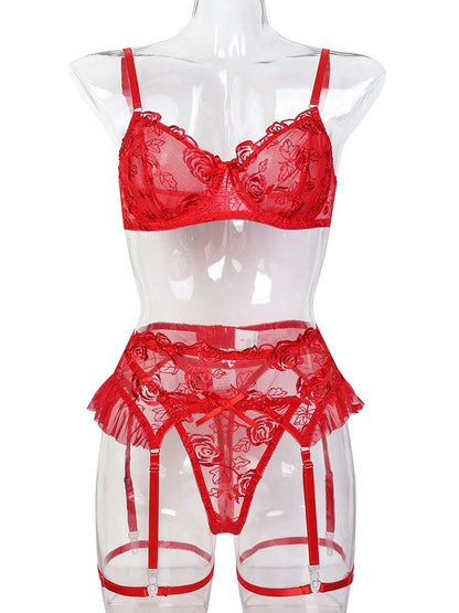 JSY Sexy Lingerie Women Underwear Set Red Embroidery Lace Bra And Pant Garter Set Skirt Babydoll Erotic Brief Set Porno Costume