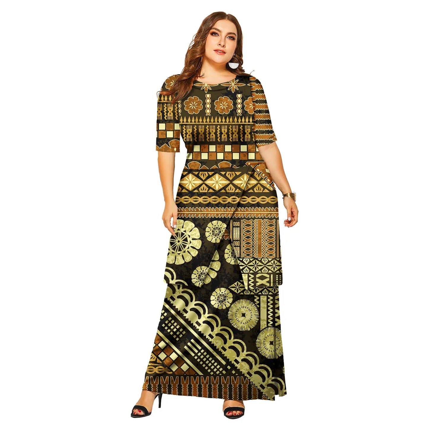 Luxury Polynesian Design Puletasi Samoa Fashion Short Sleeve Dress Women Island Dresses Maxi Ladies Two Piece Skirt Set