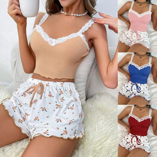 Pajamas Suit Women 2 Piece Sets Camisole Shorts Loungewear Lace Flower Print Sling Top Short Pants Outfits Summer Sleepwear