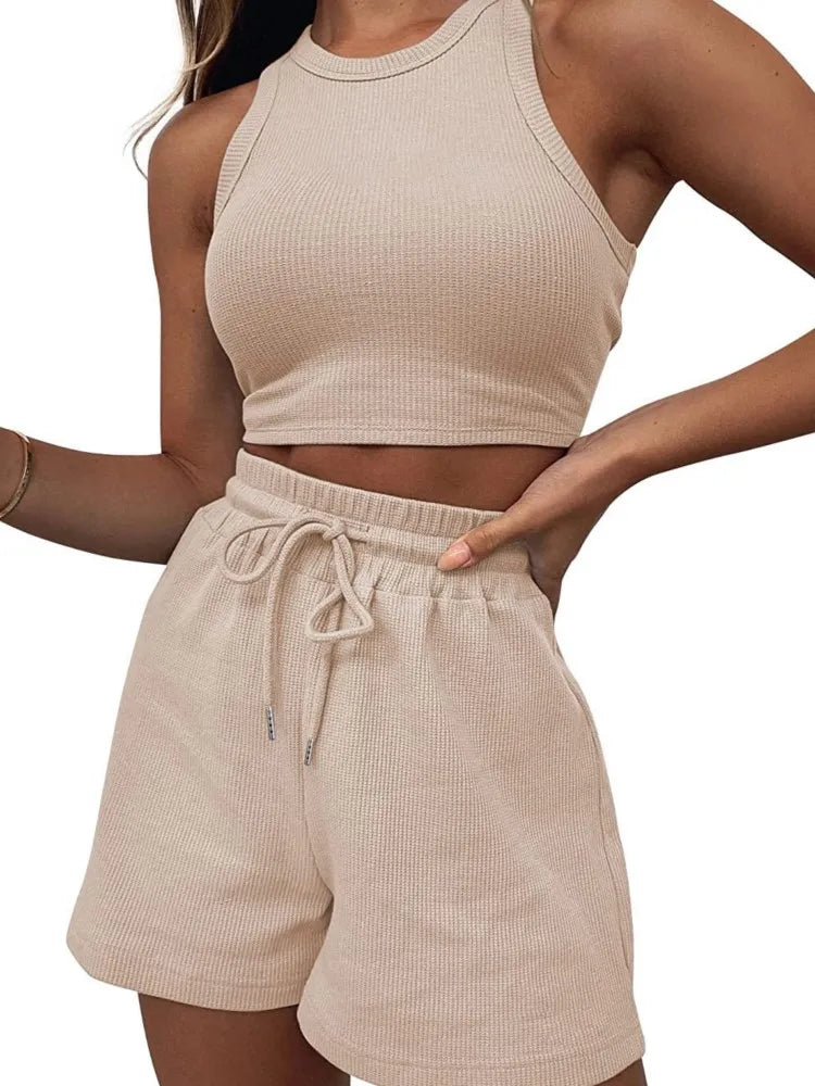 2025 Summer Two Piece Set Women New Fashion Casual Beach Lace Up Elastic Waist Solid Color Sleeveless Vest Crop Tops Short Sets