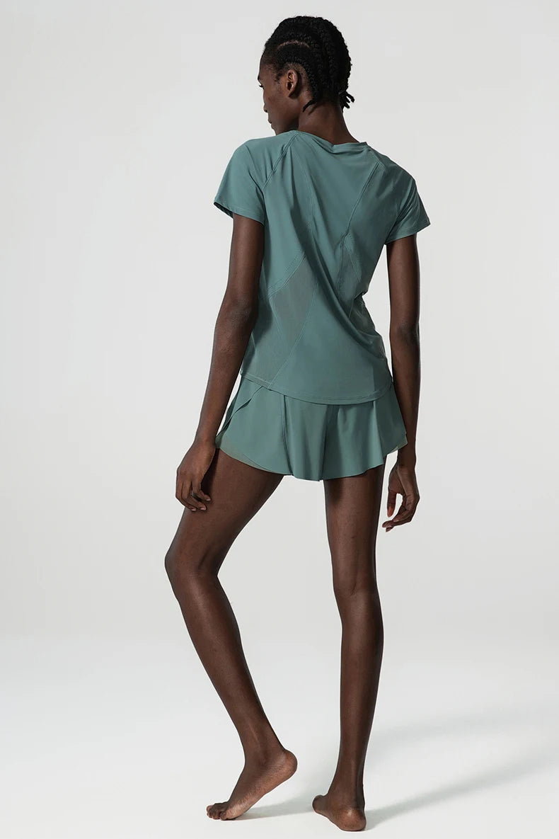 Women Summer Short Sportswear Solid Color Two Pieces Fitness Yoga Set Breathable Quick Dry Gym Suit Loose Workout Clothes