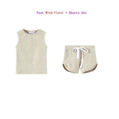 AS 2025 Children's Clothing Baby Girl Clothes Boys Ribbed Print Children's Sets For Summer Spring Kids Clothing
