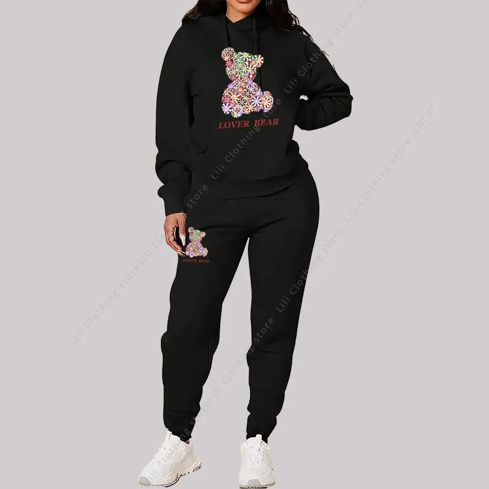 Women's Sets Hoodies Pants Outfits Suit 2025 New Sportswear Sweatsuit Bear Graphic Letter Print Aesthetic Trend Ladies Tracksuit