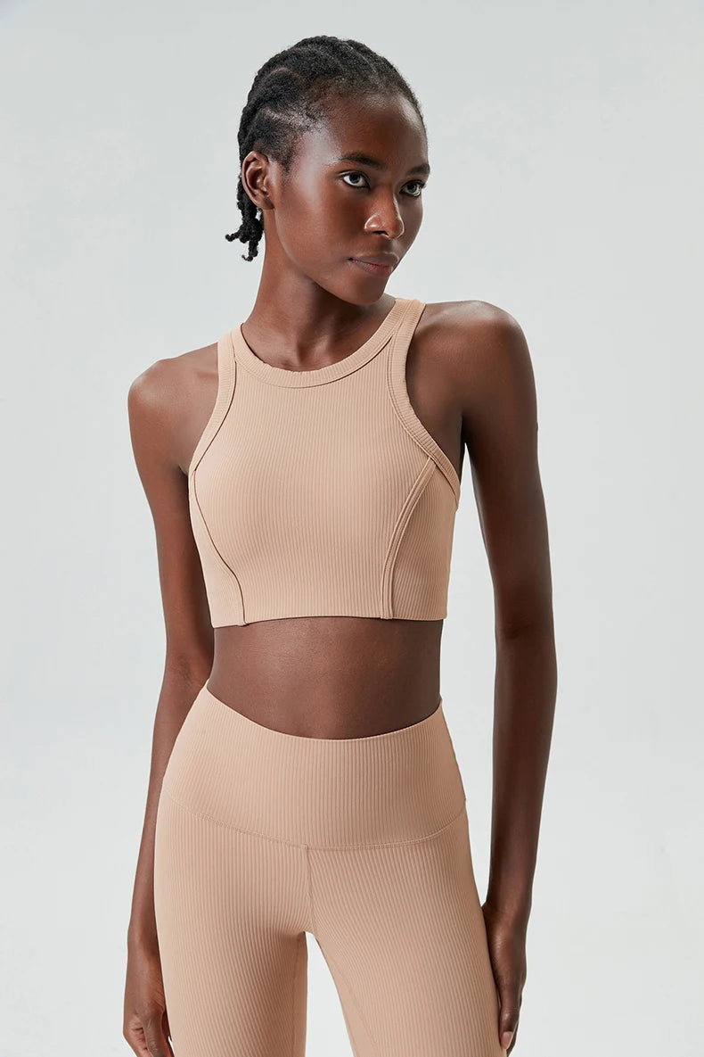 High Impact Fitness Yoga Bra Super Stretch Round Neck Gym Crop Top Ribbed Fabric Sleeveless Running Vest Female Sportswear