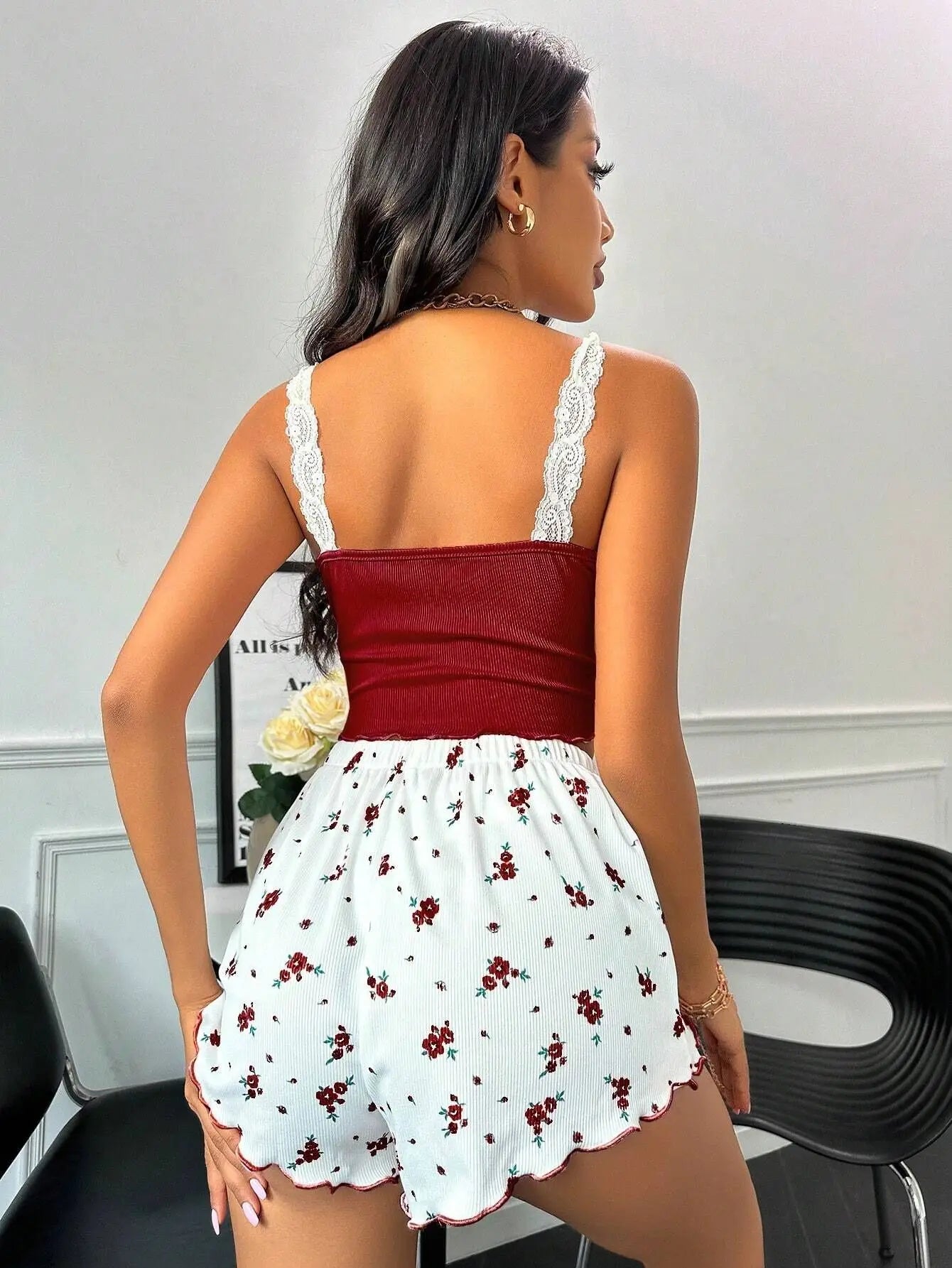 Pajamas Suit Women 2 Piece Sets Camisole Shorts Loungewear Lace Flower Print Sling Top Short Pants Outfits Summer Sleepwear