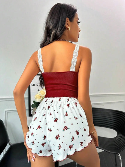 Pajamas Suit Women 2 Piece Sets Camisole Shorts Loungewear Lace Flower Print Sling Top Short Pants Outfits Summer Sleepwear
