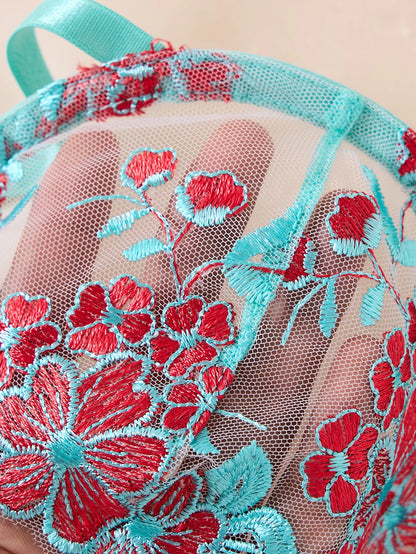Conjunto de lencería con bordado Floral para mujer, sujetador transparente y ropa interior breve, ropa interior íntima Sexy de s