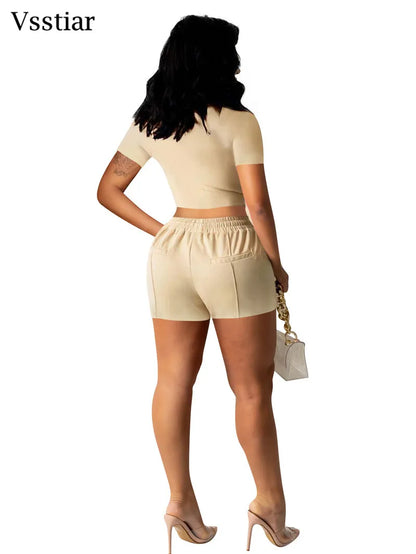 Vsstiar Short Sleeve Square Collar Crop Top And Shorts Summer Solid Color Slim Women Two Piece Set Fashion Casual Tracksuit