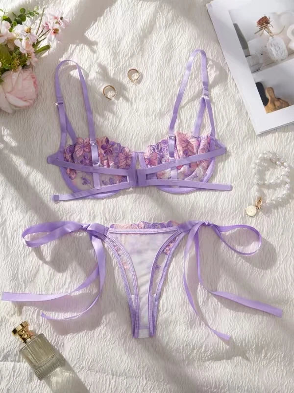 Lady Floral Embroidery Lingerie Set Women Sheer Bra and Brief Underwear Set Satin Sexy Intimates Underwear