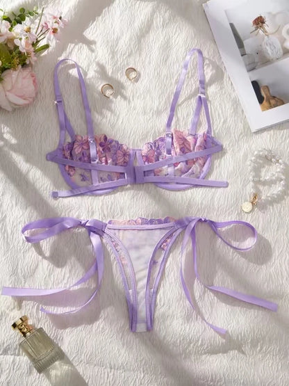 Lady Floral Embroidery Lingerie Set Women Sheer Bra and Brief Underwear Set Satin Sexy Intimates Underwear