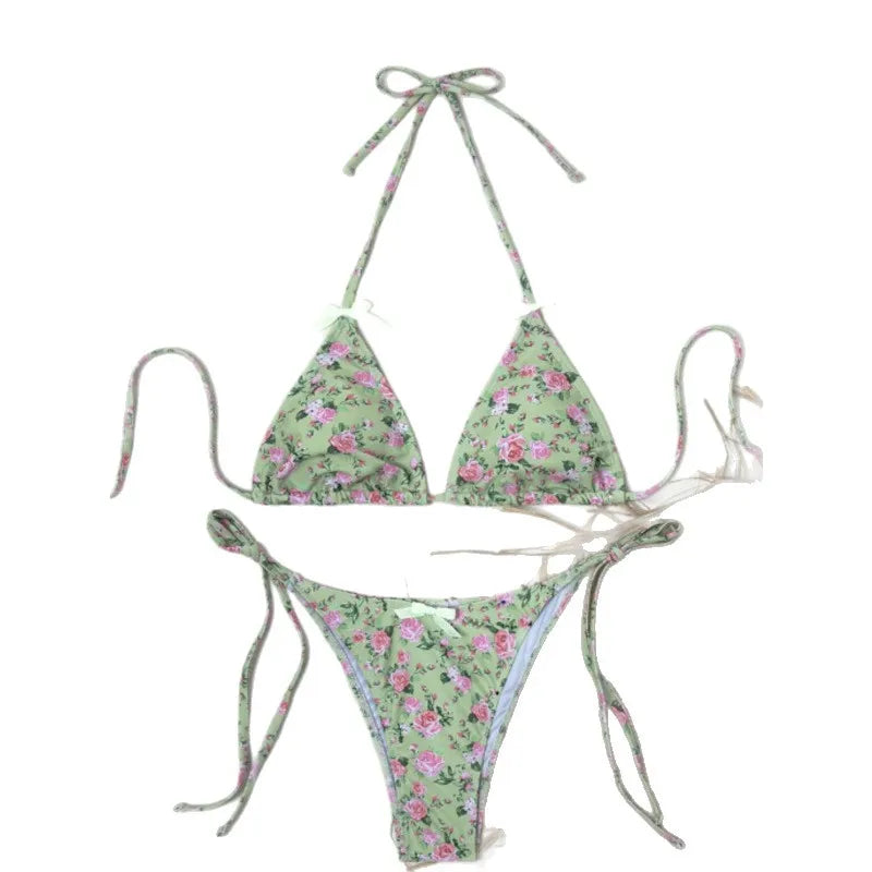 Sexy Triangular Print Bikini Two-Piece Swimsuit with Bow Tie Strap Polyester Fabric Floral Pattern Small Fresh Style for Women