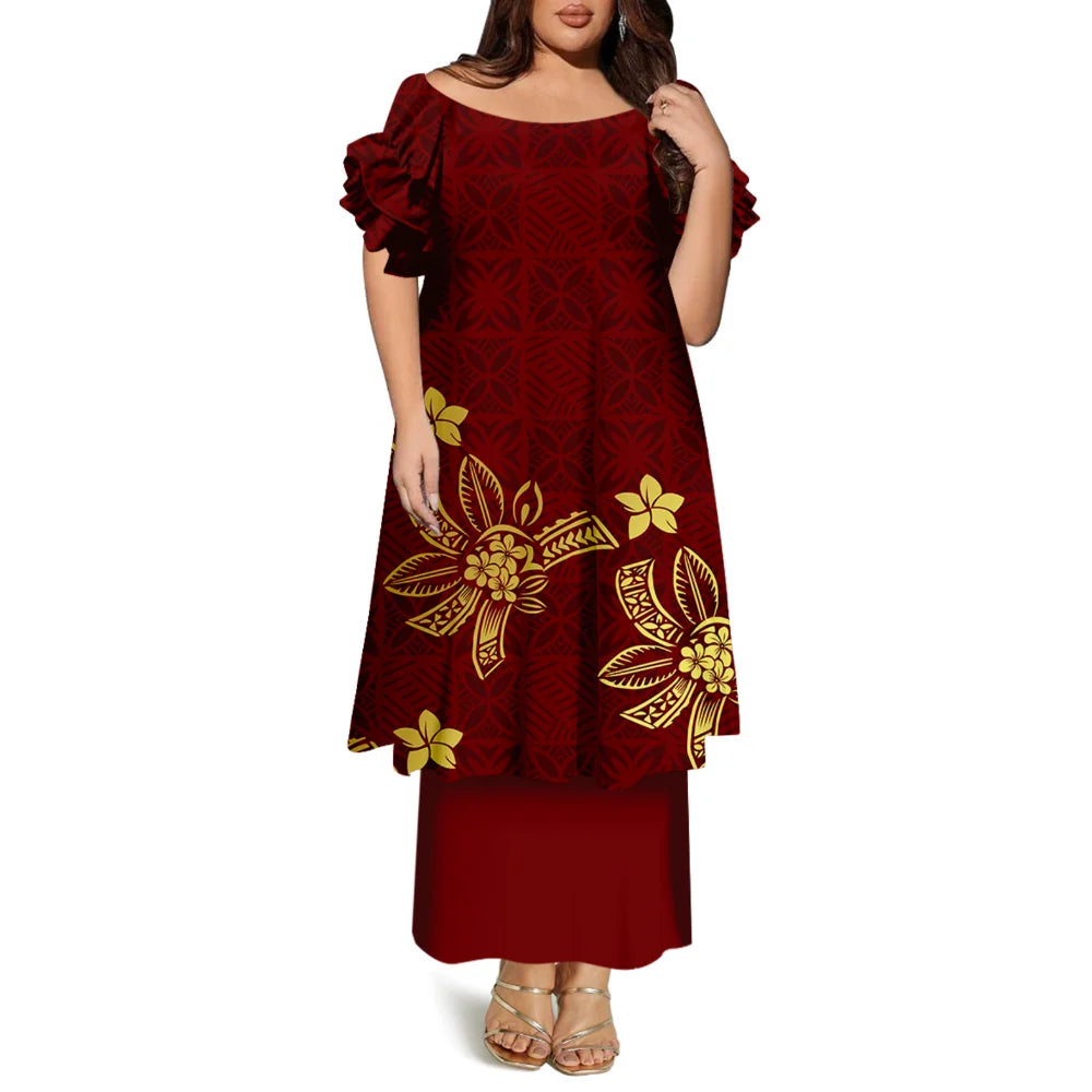 High-Quality Women'S Round-Neck Puletasi Elegant Dress Hawaiian Samoan Fashionable Party Dress Evening Top And Long Dress