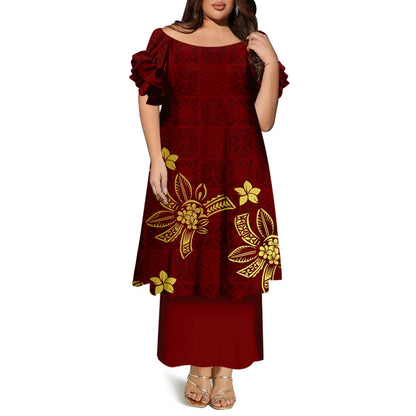 High-Quality Women'S Round-Neck Puletasi Elegant Dress Hawaiian Samoan Fashionable Party Dress Evening Top And Long Dress