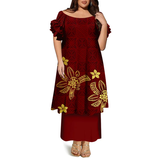 High-Quality Women'S Round-Neck Puletasi Elegant Dress Hawaiian Samoan Fashionable Party Dress Evening Top And Long Dress
