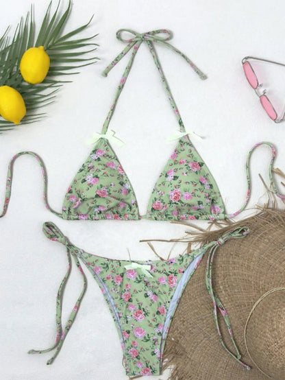 Sexy Triangular Print Bikini Two-Piece Swimsuit with Bow Tie Strap Polyester Fabric Floral Pattern Small Fresh Style for Women