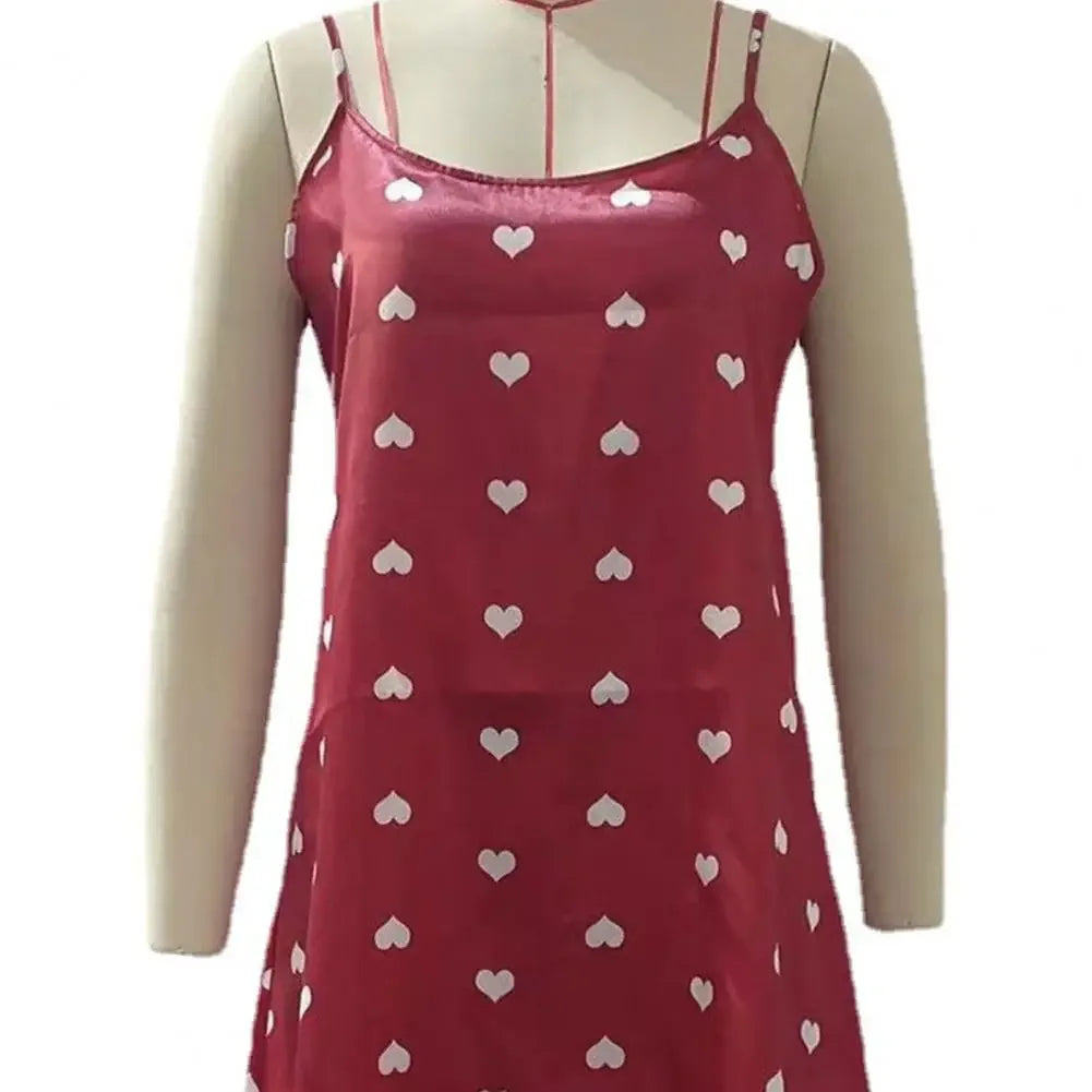 Sexy Women Nightdress Heart Print Pullover Comfortable Satin Smooth Surface Women Nightwear Sleeping Sleepwear