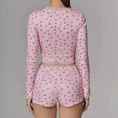 Sexy Womens Floral Print Pajamas Set Summer Long Sleeve Top And Shorts Sleepwear 2 Piece Set For Women Home Casual Skinny Suit