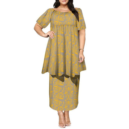 Newly Designed Women'S Round-Neck Top And Fitted Long Dress Polynesian Island-Style Pattern Pacific Puletasi Suit