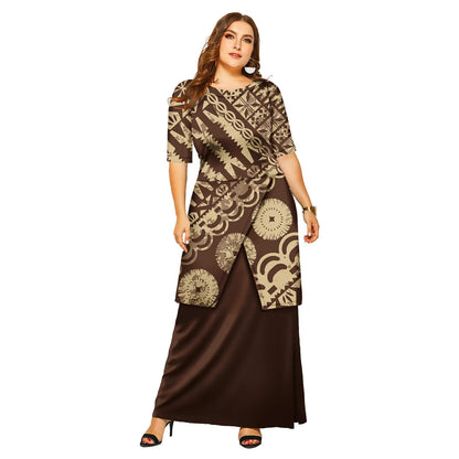 Luxury Polynesian Design Puletasi Samoa Fashion Short Sleeve Dress Women Island Dresses Maxi Ladies Two Piece Skirt Set
