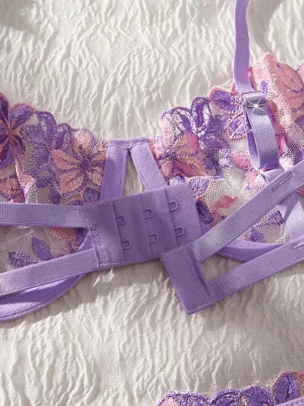Lady Floral Embroidery Lingerie Set Women Sheer Bra and Brief Underwear Set Satin Sexy Intimates Underwear