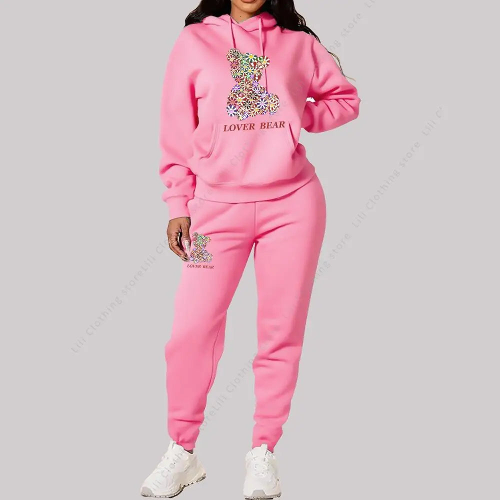 Women's Sets Hoodies Pants Outfits Suit 2025 New Sportswear Sweatsuit Bear Graphic Letter Print Aesthetic Trend Ladies Tracksuit