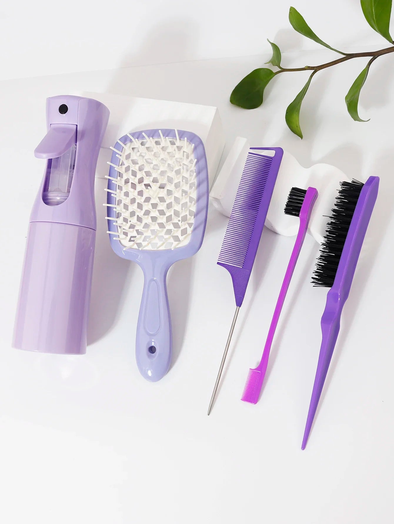 5pcs Hair Tool Set Air Cushion Hollow Comb Scalp Massage Rat Tail Comb Teasing Comb Edge Control Brush Hair Spray Bottle Salon