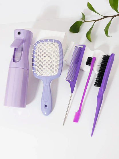 5pcs Hair Tool Set Air Cushion Hollow Comb Scalp Massage Rat Tail Comb Teasing Comb Edge Control Brush Hair Spray Bottle Salon