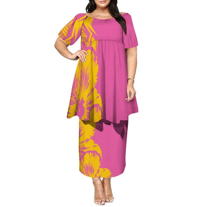Newly Designed Women'S Round-Neck Top And Fitted Long Dress Polynesian Island-Style Pattern Pacific Puletasi Suit