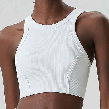 High Impact Fitness Yoga Bra Super Stretch Round Neck Gym Crop Top Ribbed Fabric Sleeveless Running Vest Female Sportswear