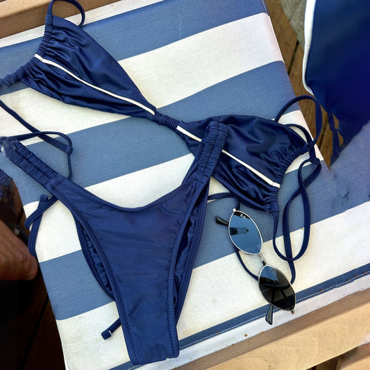 Bandeau Biquini 2025 Sexy Women Swimsuit Female Swimwear Micro Bikini Set Swimming Suit Beachwear Shiny Blue Brazilian Biquini