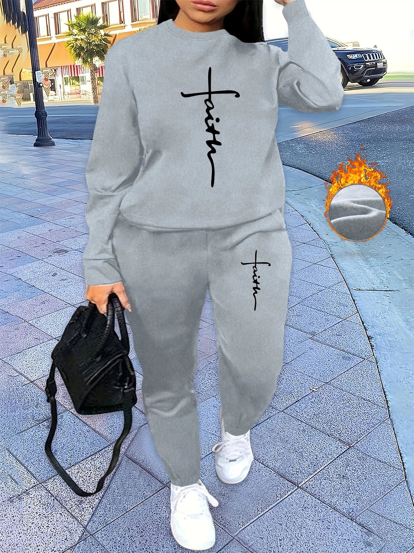 Women's autumn and winter hip-hop casual street cross graphic printed round neck sports shirt+sports pants set warm clothing