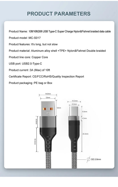 USB TYPE C Fast Charge Cable LIGHTNING 3m 5 Meters USB C Android Micro USB Extend Charging Cable for iPhone 14 Xiaomi OnePlus