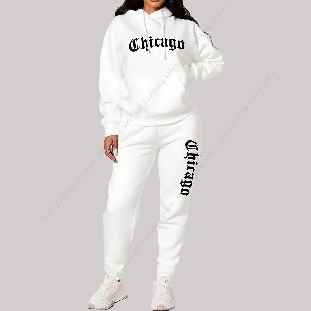 Women's Sets Hoodies Pants 2 Piece Outfits Aesthetic Sportswear Sweatsuit Chicago Graphic Letter Print Plus Size Pink Tracksuit