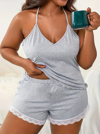 Women’s Lace Trim Pajama Set  Sexy Gray Cami  Shorts Sleepwear Soft Breathable Fabric Summer Home Loungewear Nightwear