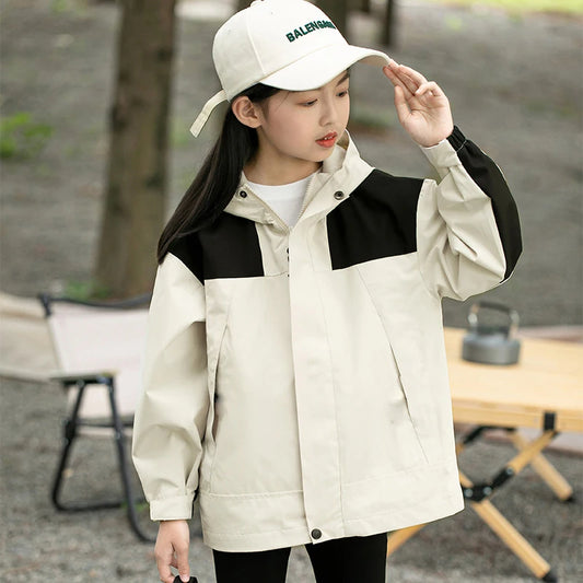 Windproof Hooded Jacket for Teens - All-Season Hiking & Outdoor Coat with Adjustable Cap, Zippered Pockets & Polyester Lining