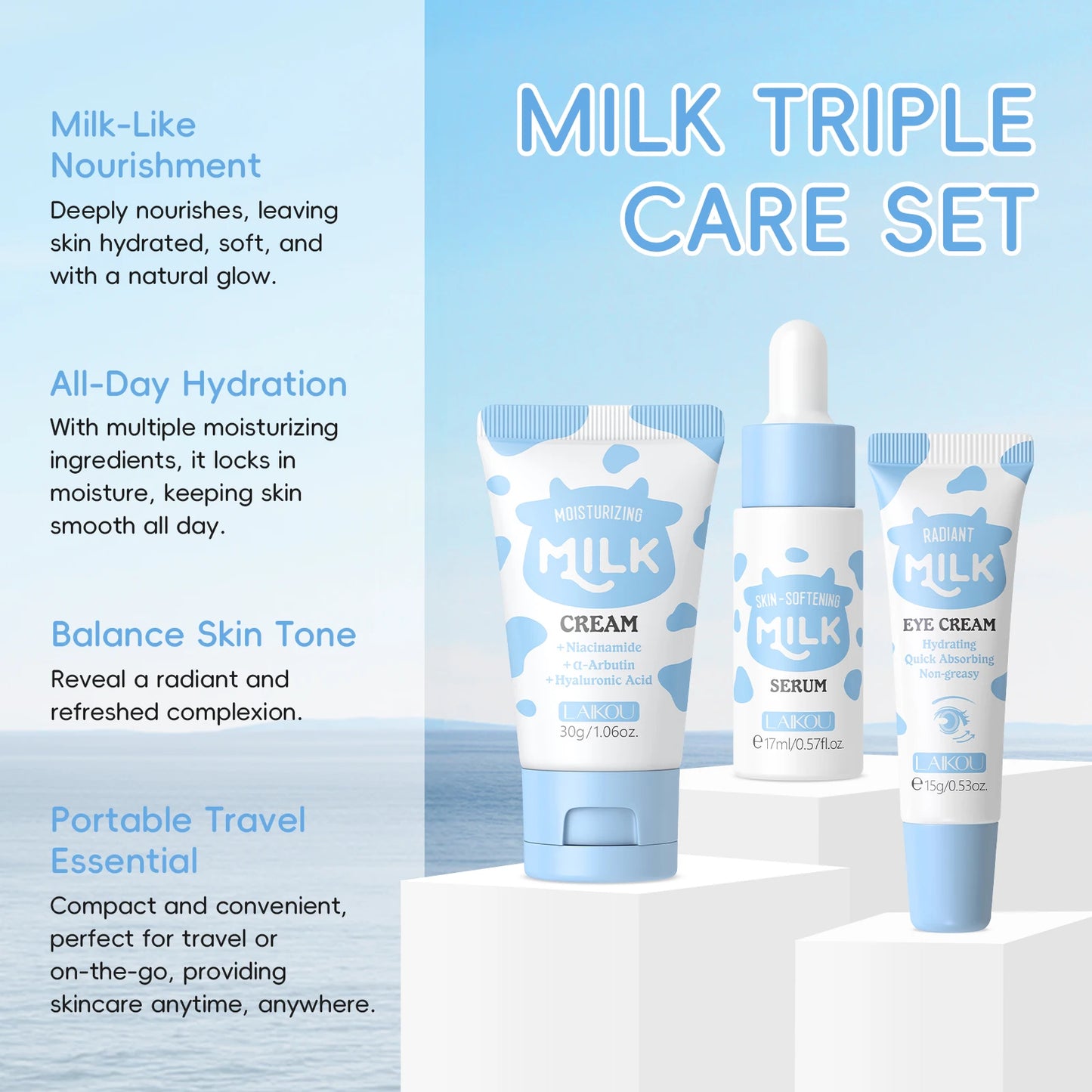 LAIKOU Milk Glowing Trio Set Deep Nourishment Kit Hydrating Skincare Non-Greasy Serum Eye Cream Moisturizer Gift Set