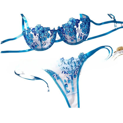 Lady Floral Embroidery Lingerie Set Women Sheer Bra and Brief Underwear Set Satin Sexy Intimates Underwear
