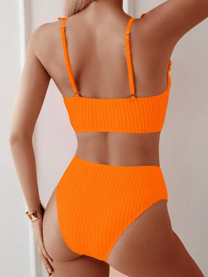 Vintage Ruffles Bikini Set Women Sexy Black V Neck Push Up Ribbed High Waist Swimwear 2025 Beach Bathing Suit Two Piece Swimsuit