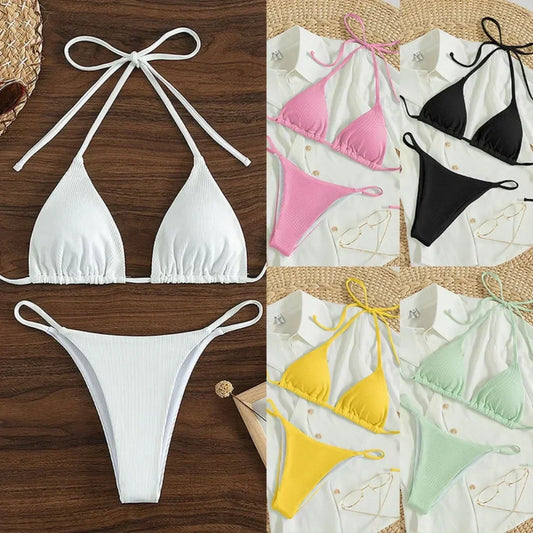 Sexy Women Thong Solid Color Bikini Set Side Halter Tie Swimsuit Ladies Split Strap Adjustable Brazilian Swimwear Beachwear