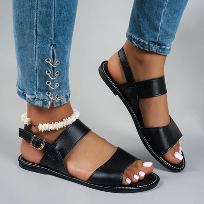 Solid-color flat sandals that are convenient and comfortable, featuring a stylish, versatile round toe with a sporty vibe.