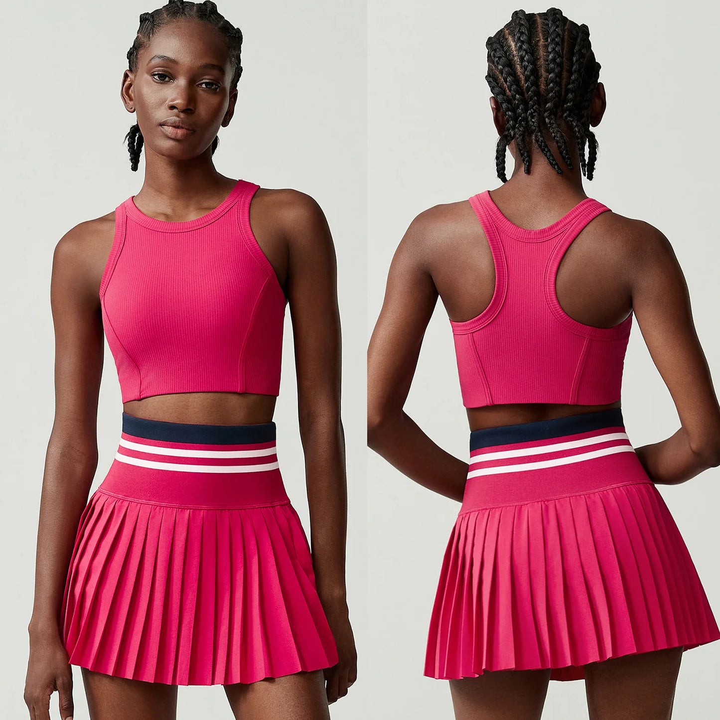 Women Short Sportswear Two Pieces Fitness Yoga Set High Waist Tennis Skirt Crop Top Gym Suit Female Breathable Sportswear