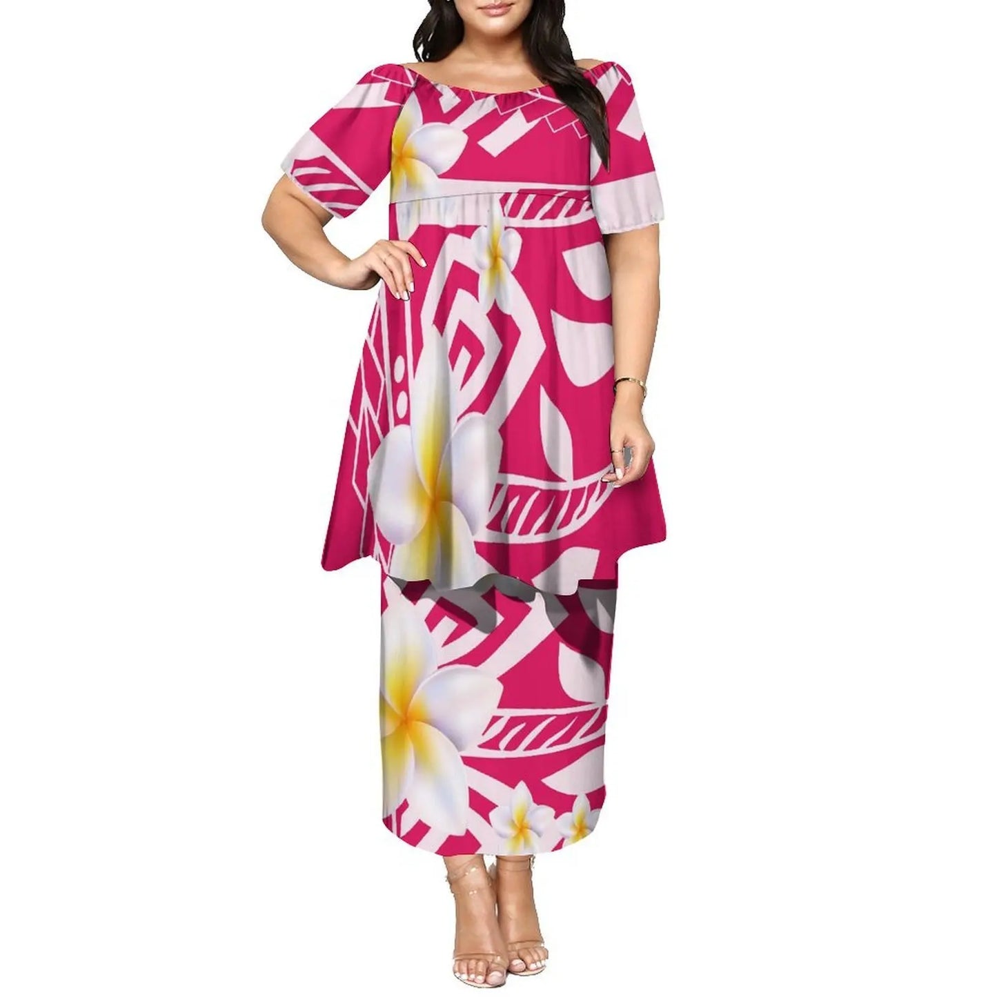 Newly Designed Women'S Round-Neck Top And Fitted Long Dress Polynesian Island-Style Pattern Pacific Puletasi Suit