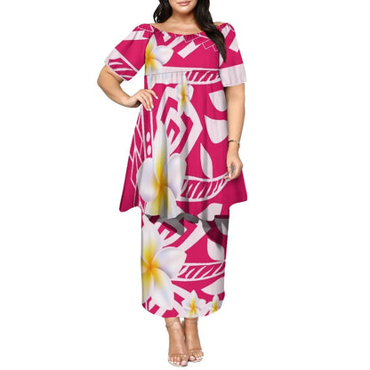 Newly Designed Women'S Round-Neck Top And Fitted Long Dress Polynesian Island-Style Pattern Pacific Puletasi Suit