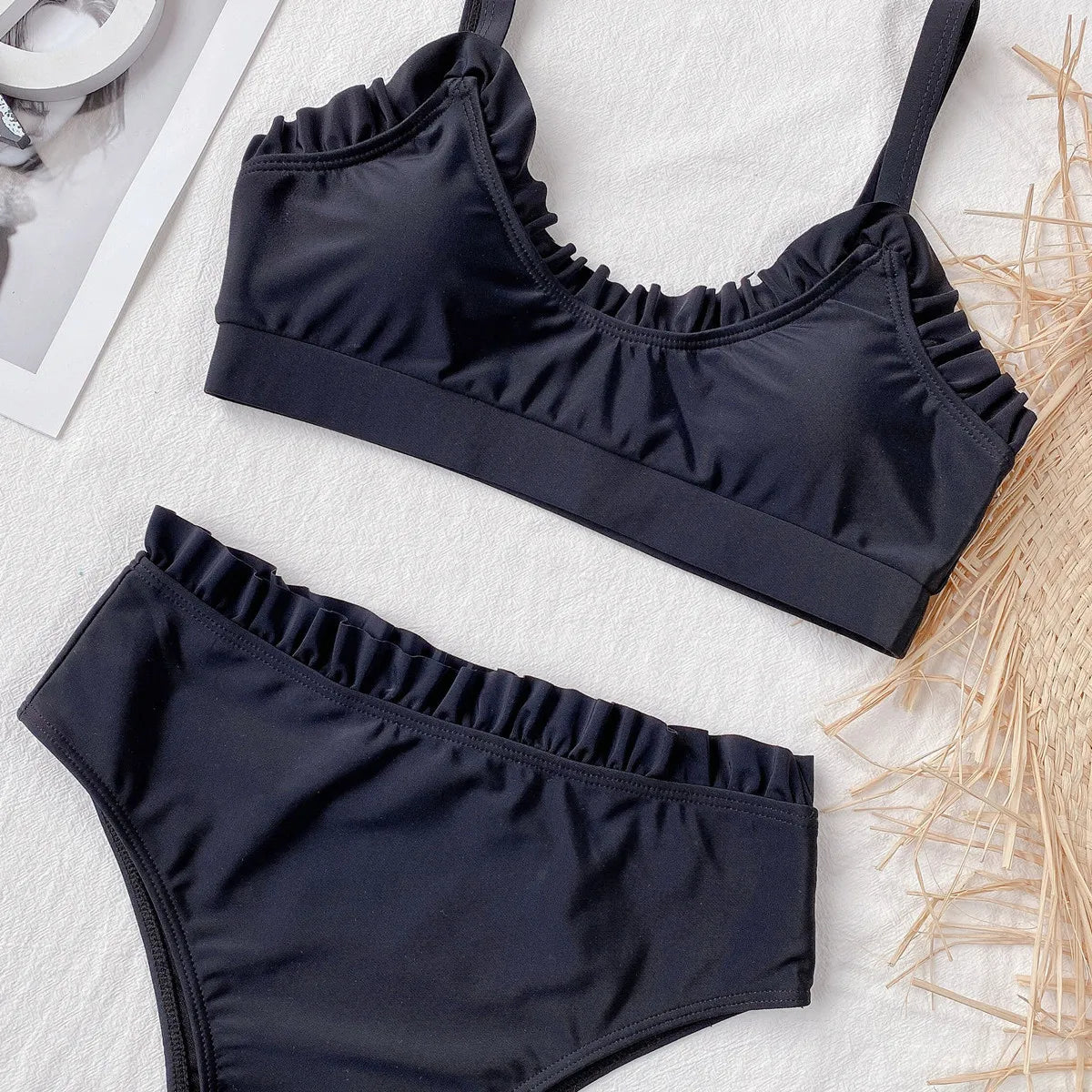 Bikini 2025 Sexy Swimwear Swimsuit Women Solid Ruffled High Waist Bikinis Set Bathing Suit Bikini Taille Haute Biquinis Feminino