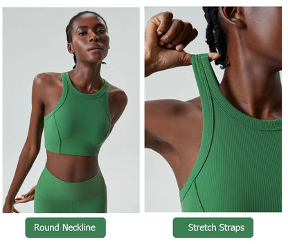 High Impact Fitness Yoga Bra Super Stretch Round Neck Gym Crop Top Ribbed Fabric Sleeveless Running Vest Female Sportswear