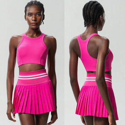 Women Short Sportswear Two Pieces Fitness Yoga Set High Waist Tennis Skirt Crop Top Gym Suit Female Breathable Sportswear